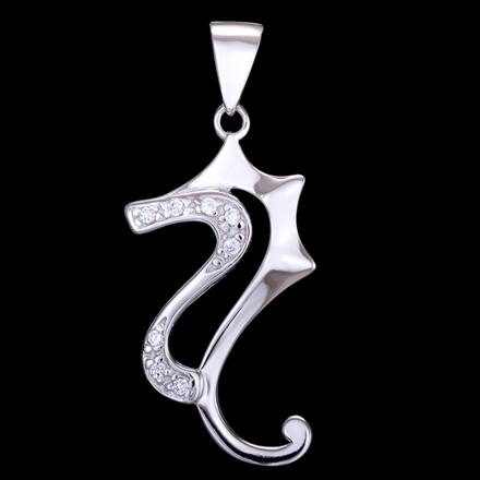 Silver pendant, zircon, seahorse