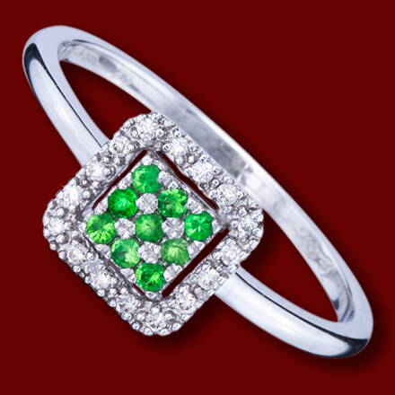 Prsten zlatý, diamanty, zelené granáty, zásnubní