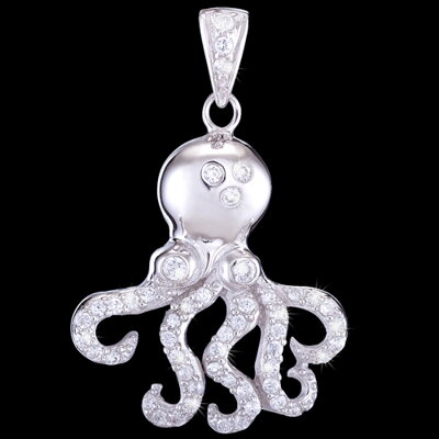 Silver pendant, zircon, octopus